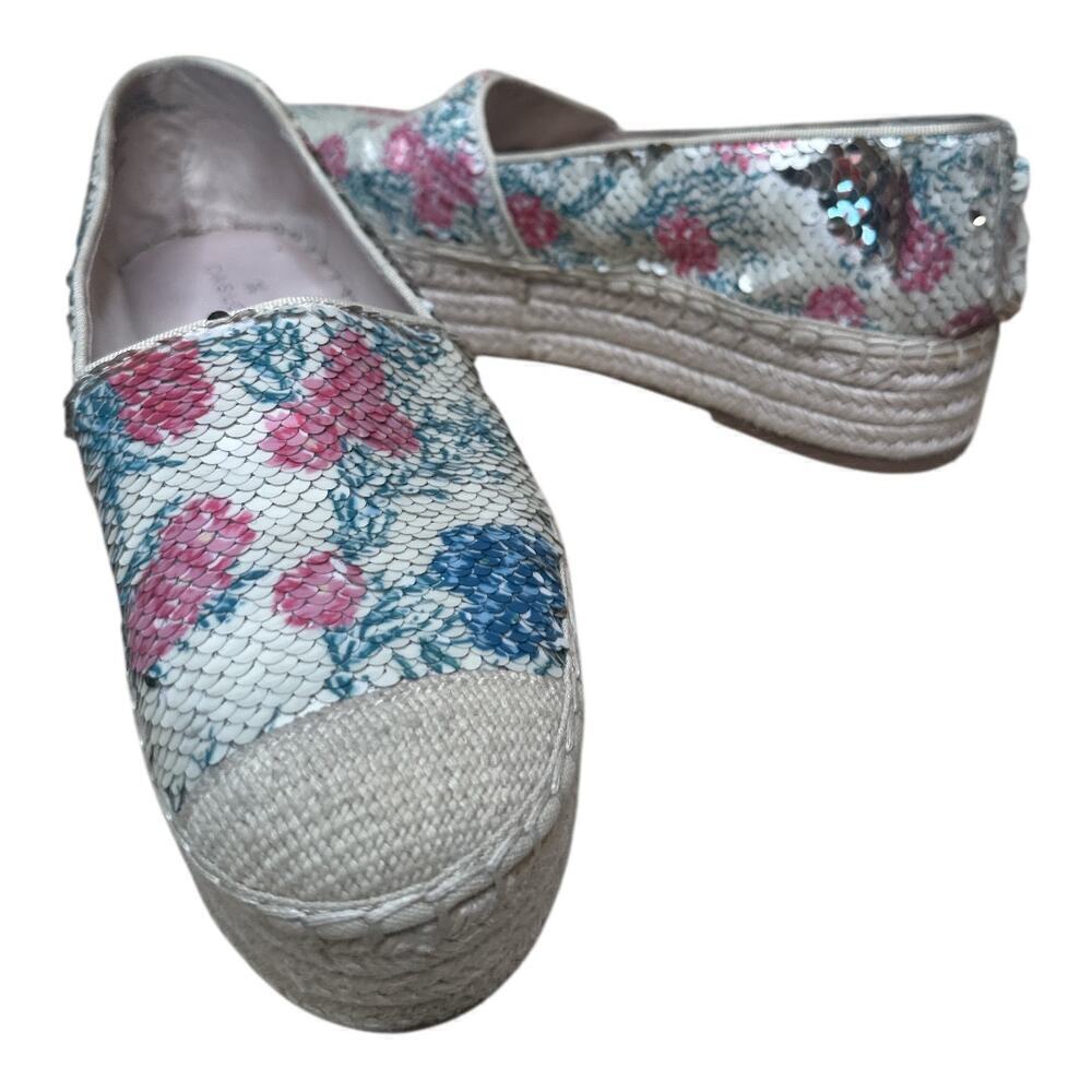 Caslon Beige Multicolor Gold Floral Flip Sequin Espadrilles Wedge Size 7M